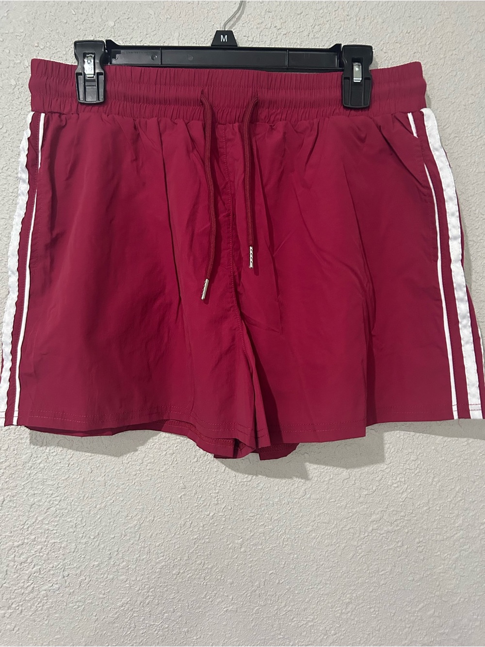 Women Burgundy Drawstring Athletic Shorts with White Side Stripes